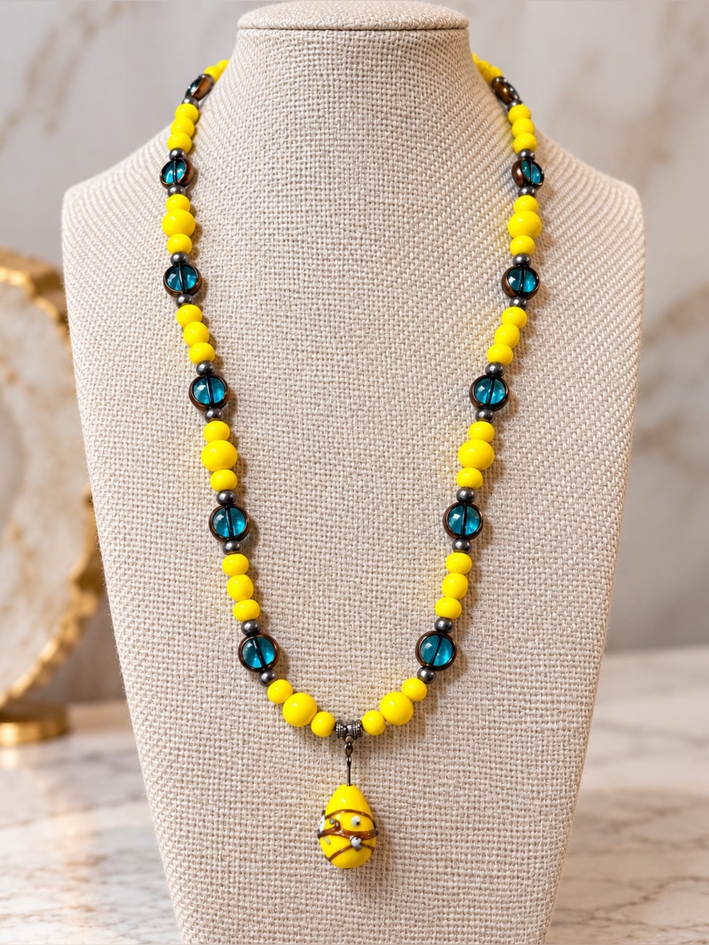 Yellow Teal Glass Bead Necklace Wedding Cake Pendant Artisan
